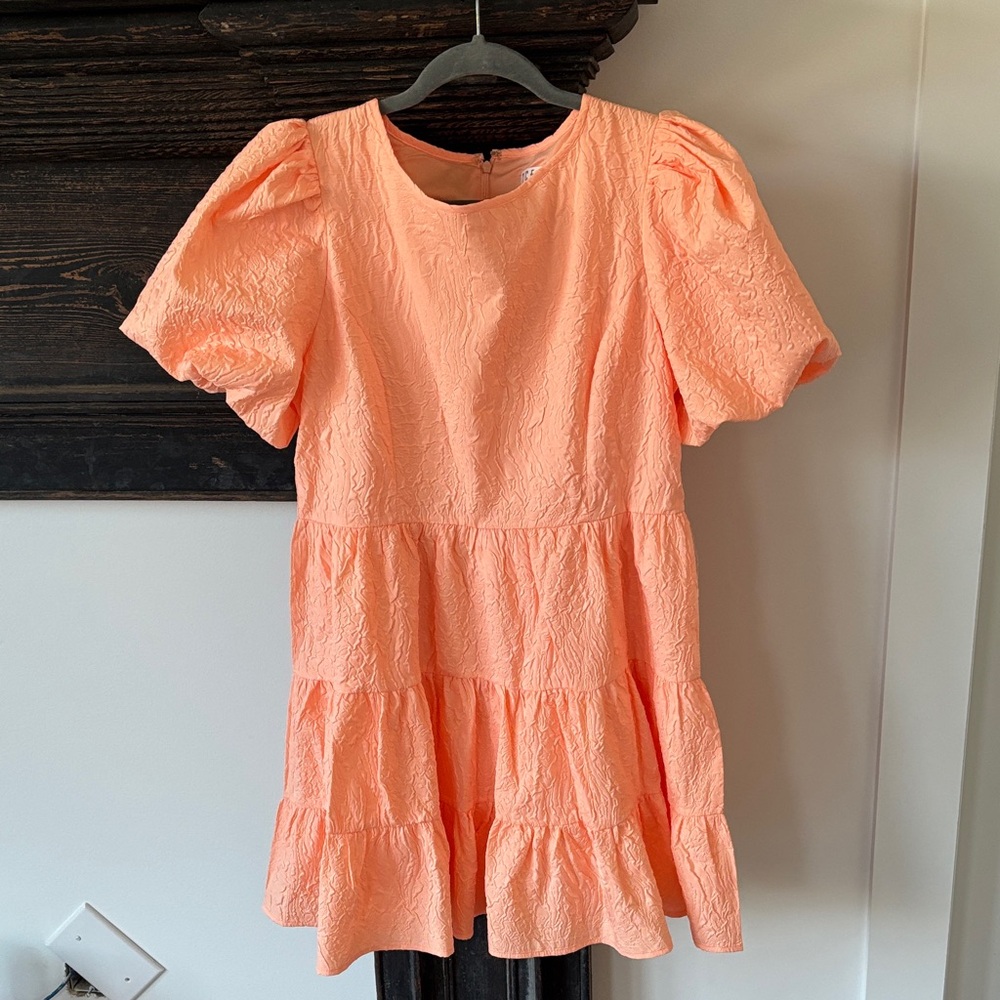 TCEC Coral Peach Textured Puff-Sleeve Tiered Mini Dress